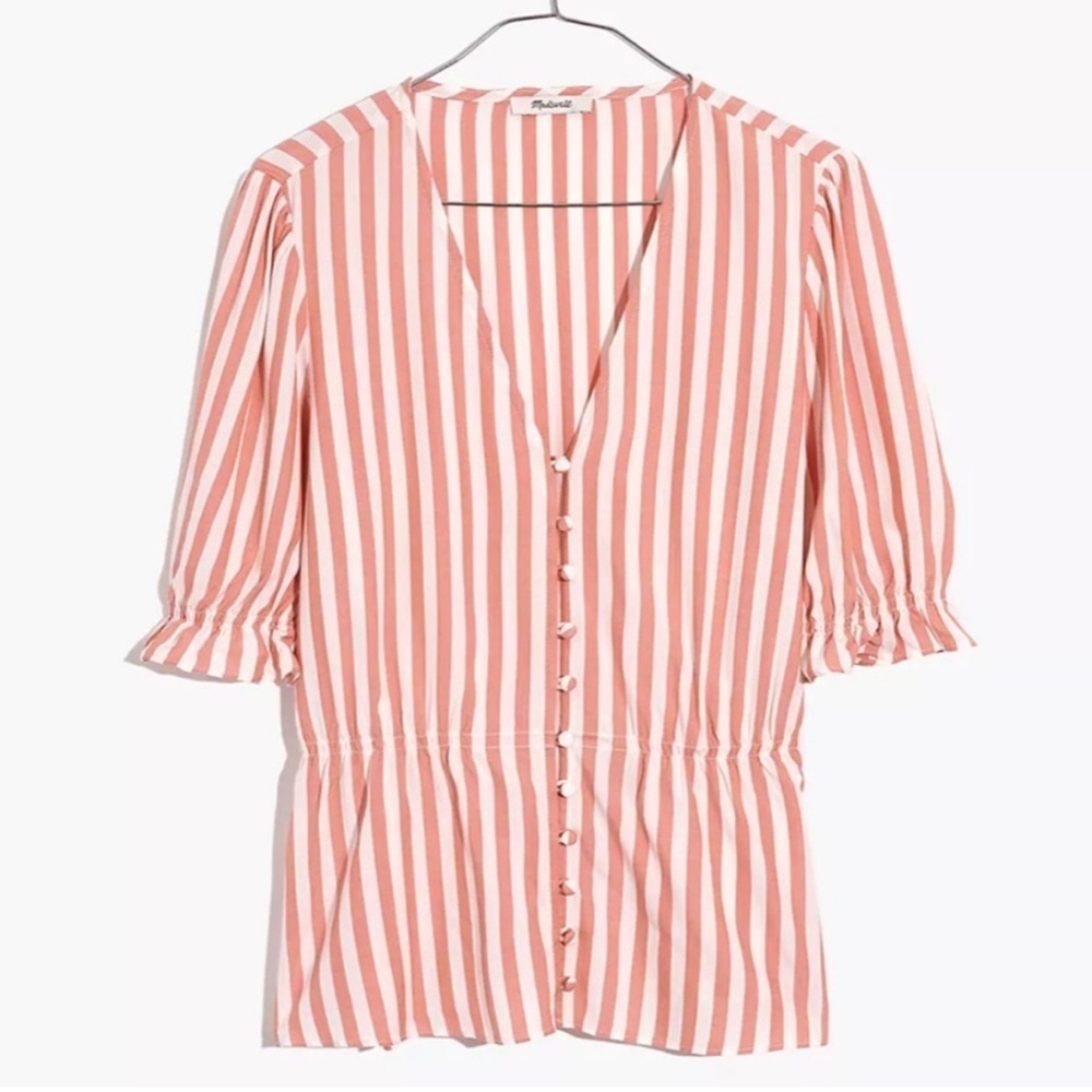 NWT Madewell Ruffle Peplum Popover Striped Top Blush Size S